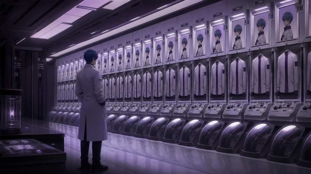 A blue-haired technician facing repeated uniforms, identity portraits, and inactive control capsules