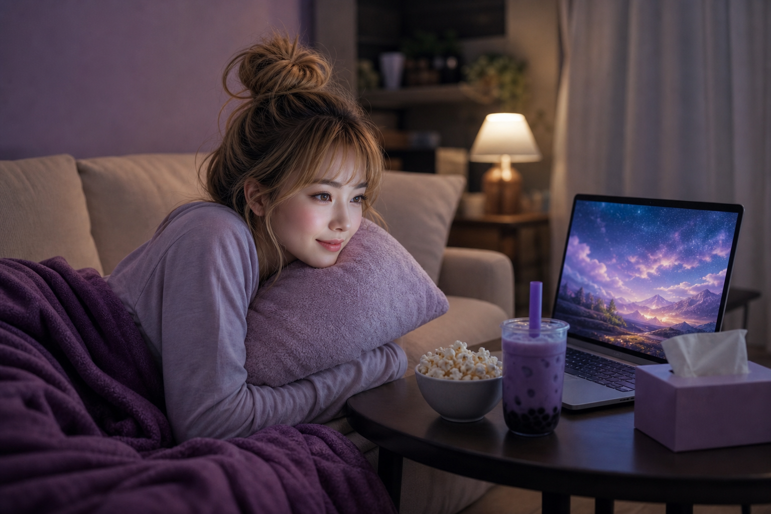 RaeRae watching animation with a blanket, boba, popcorn, and a laptop