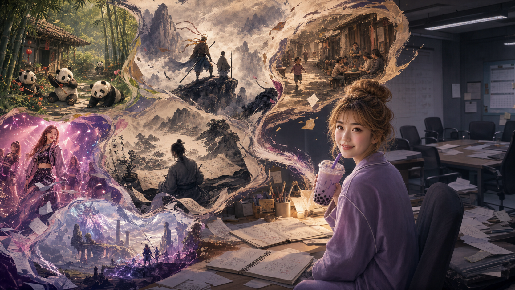 RaeRae escaping a corporate meeting room into the story worlds in her head