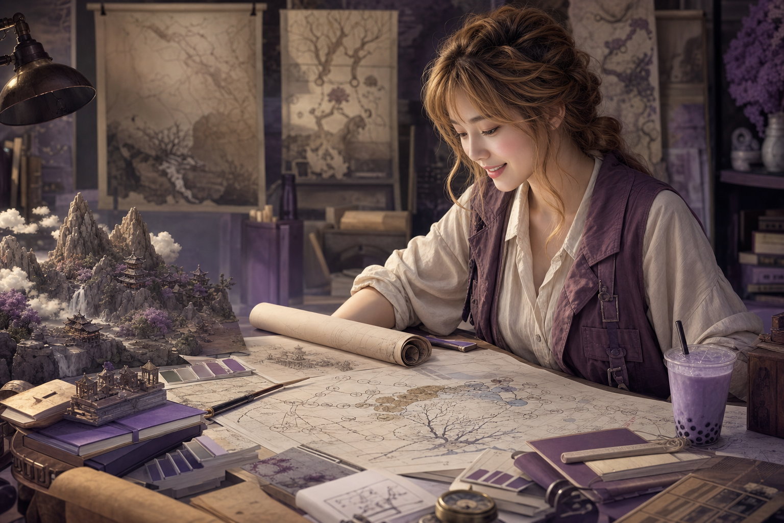 RaeRae studying maps, manuscripts, and story notes while building a fictional world