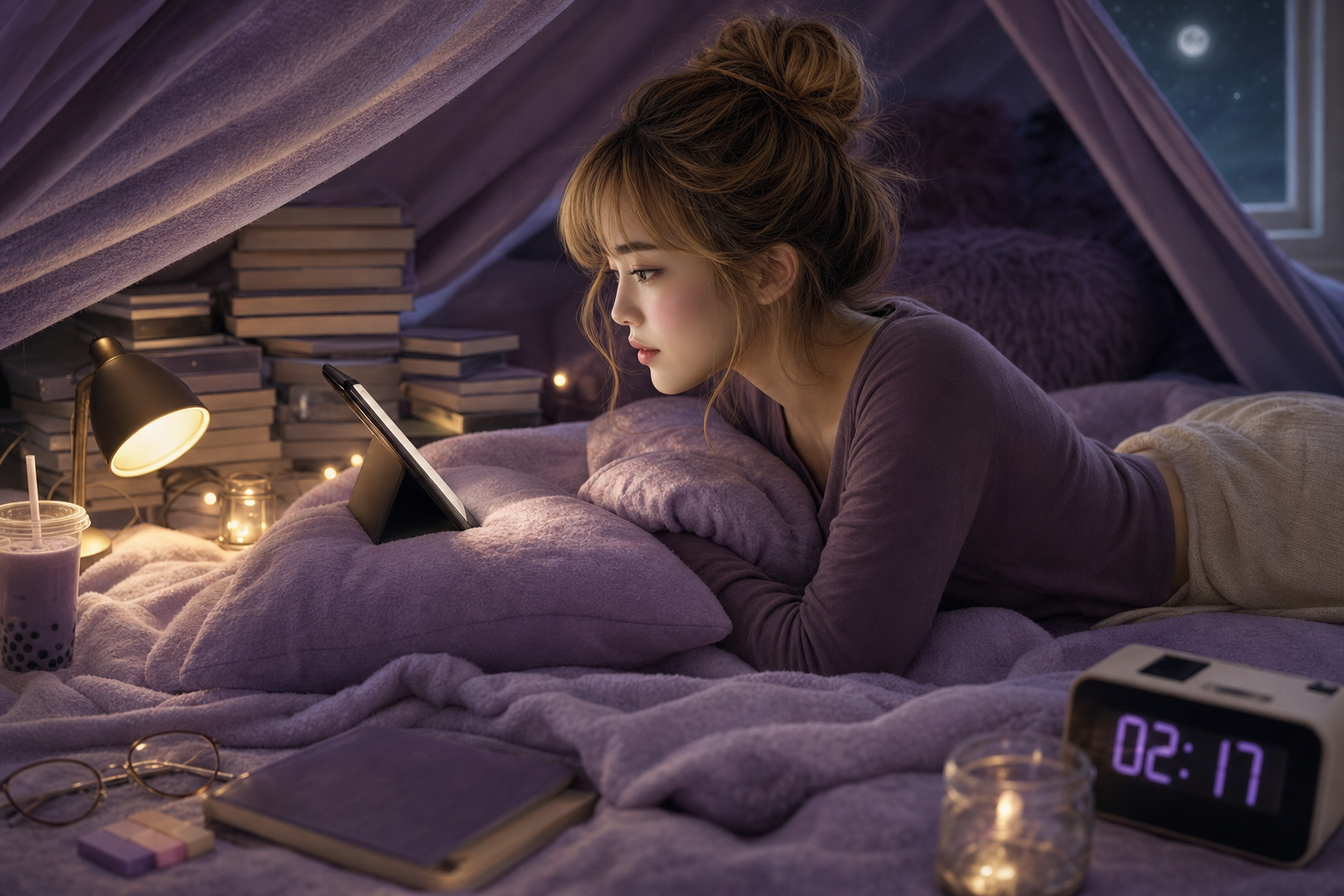 RaeRae reading a web novel late at night