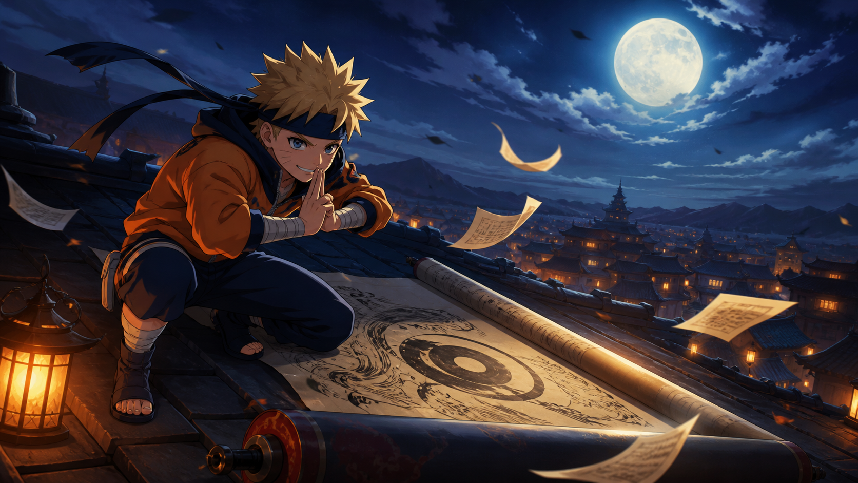 Original CVM Sekai fan art of a lonely young ninja holding a forbidden scroll on an academy rooftop at night