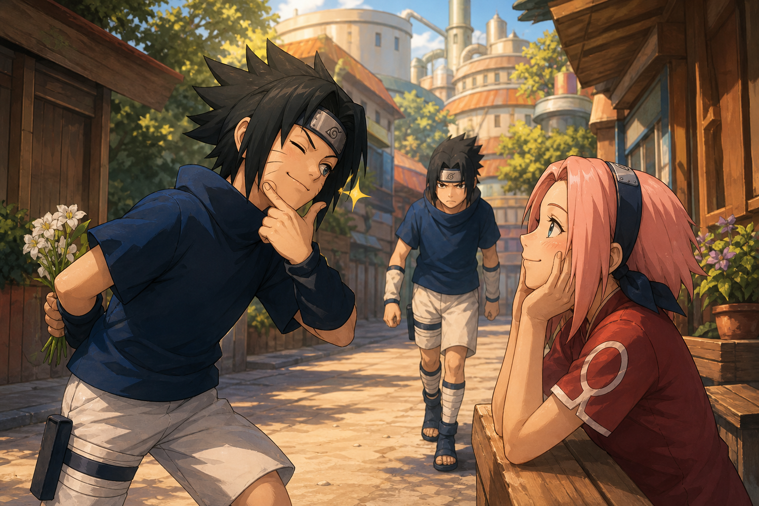 Original CVM Sekai fan art for Naruto Episode 3 with Naruto, Sasuke, and Sakura at the Ninja Academy