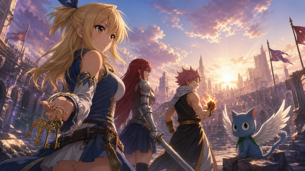 Lucy, Erza, Natsu, and Happy return to a rebuilt arena at sunrise
