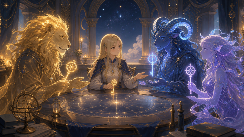 Lucy negotiates with three celestial spirits around an equal table