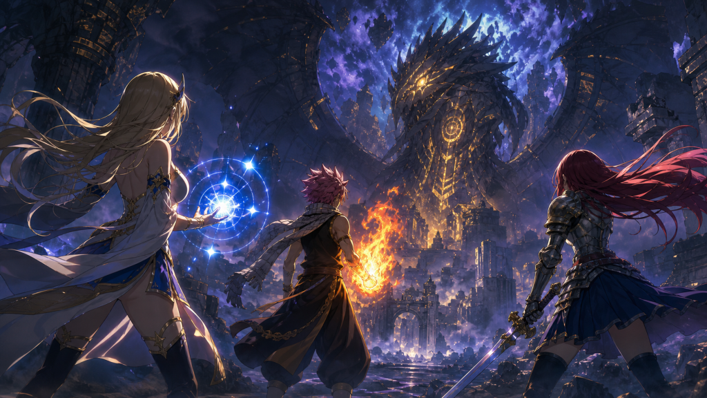 Lucy, Natsu, and Erza confront a dragon-shaped magical weapon in a ruined kingdom