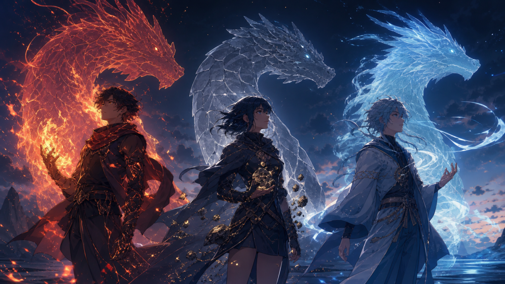 Three elemental mages stand before protective dragon silhouettes