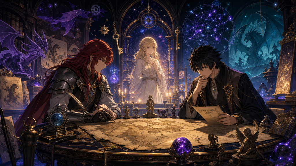 Erza and a scholar examine guild history, celestial keys, dragon records, and magical maps in an archive