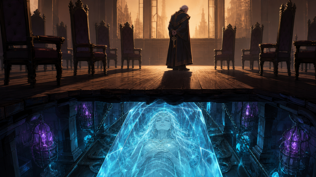 Mavis rests in a crystal chamber beneath an unaware guild master and empty chairs