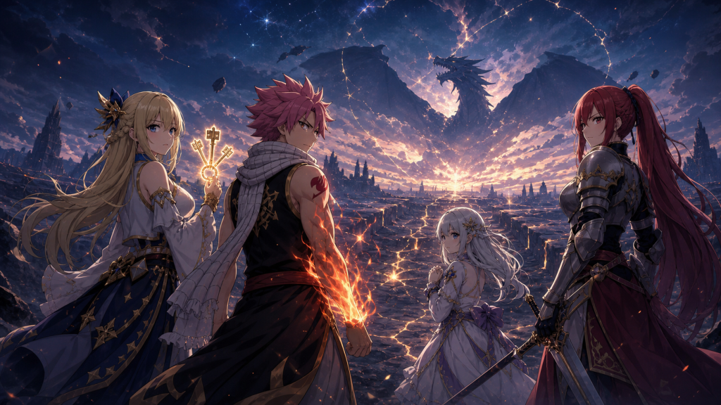 Lucy, Natsu, Wendy, and Erza face a shattered magical horizon and a distant dragon
