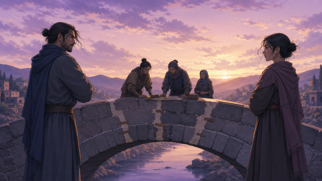 Former enemies face community records on a visibly repaired bridge