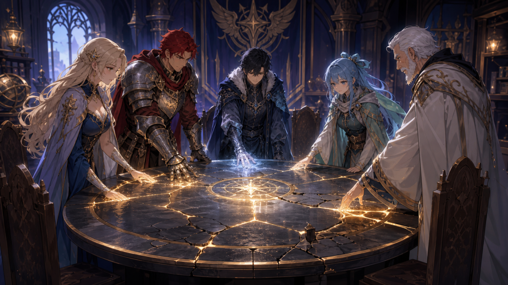 Fairy Tail members repair a cracked guild table together while empty chairs preserve the shape of absence