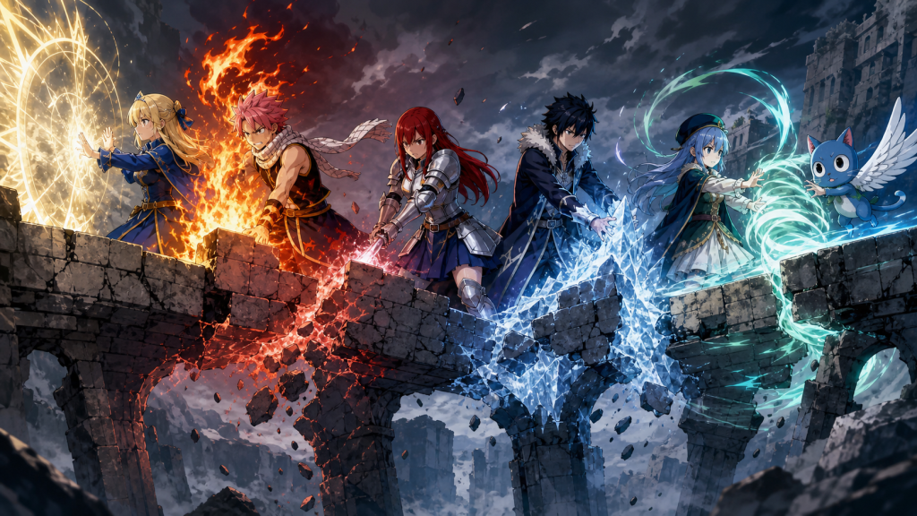 Fairy Tail allies use different magic together to stabilize separate sections of a collapsing bridge