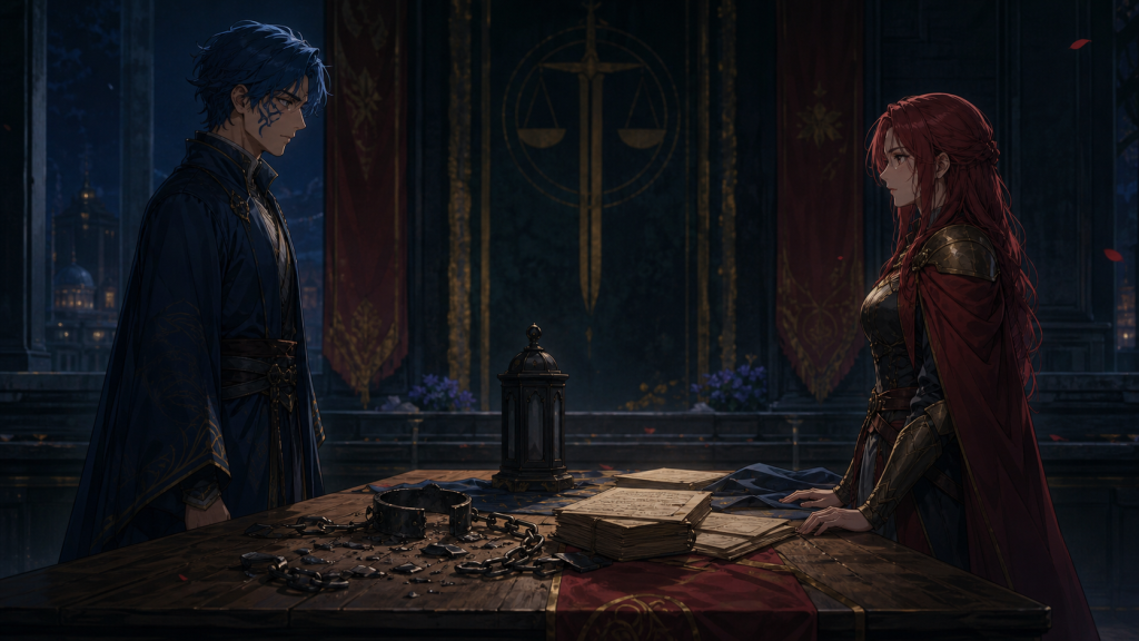 Jellal and Erza face broken chains and records across an accountability table
