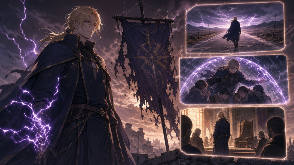 Laxus stands beside a damaged guild banner with scenes from his exile and return