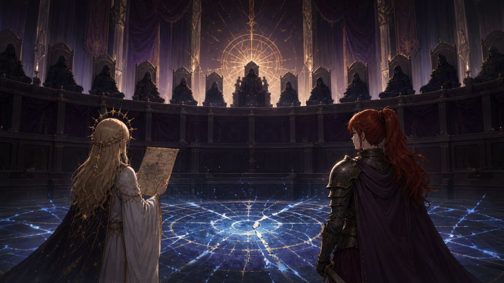 Lucy and Erza present evidence before a distant magical council