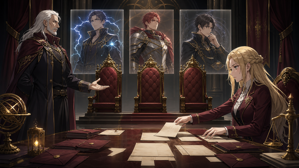Makarov faces three empty leadership chairs while Lucy reviews evidence connected to Laxus, Erza, and guild succession