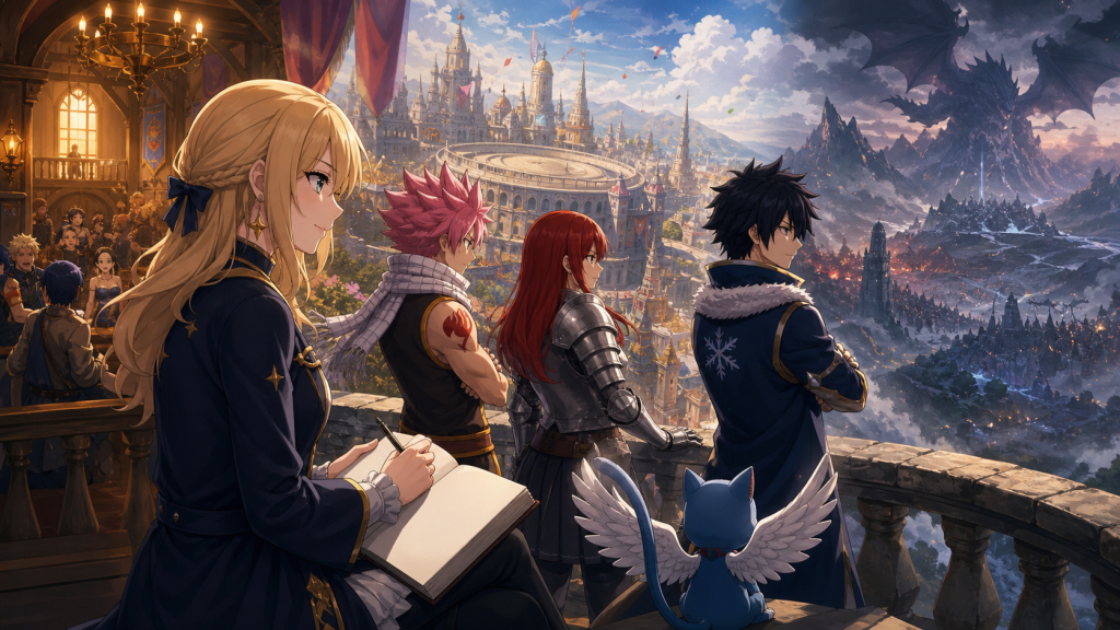 Lucy records Fairy Tail’s journey from its first guild hall through the Grand Magic Games and the final dragon war