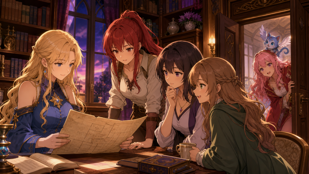 Lucy and the women of Fairy Hills inspect a treasure map while Natsu and Happy peek through an open library door