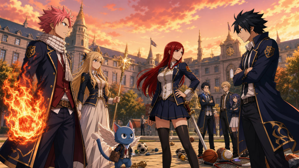 Natsu, Lucy, Erza, Gray, and Happy face rival student groups in an alternate Fairy Academy courtyard
