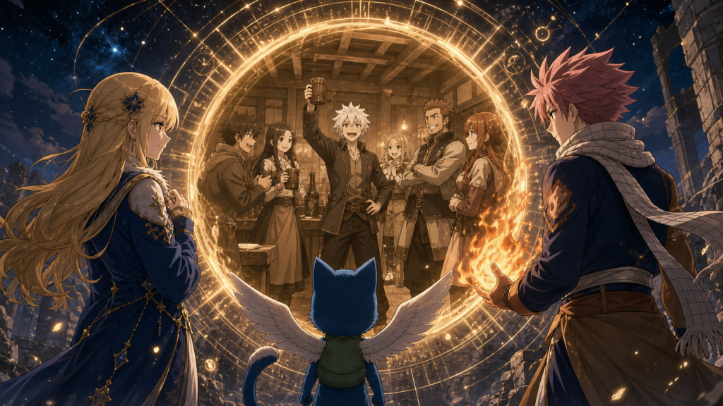 Lucy, Natsu, and Happy look through a golden time portal into Fairy Tail guild life from an earlier generation