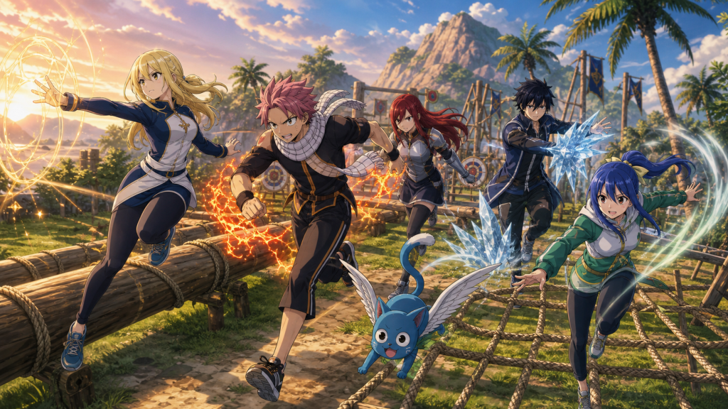 Lucy, Natsu, Erza, Gray, Wendy, and Happy run a magical obstacle course at a tropical training camp