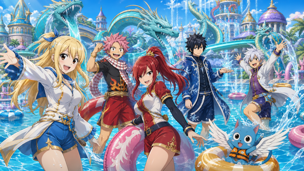 Lucy, Natsu, Erza, Gray, Mirajane, and Happy enjoy dragon-shaped water attractions at Ryuzetsu Land
