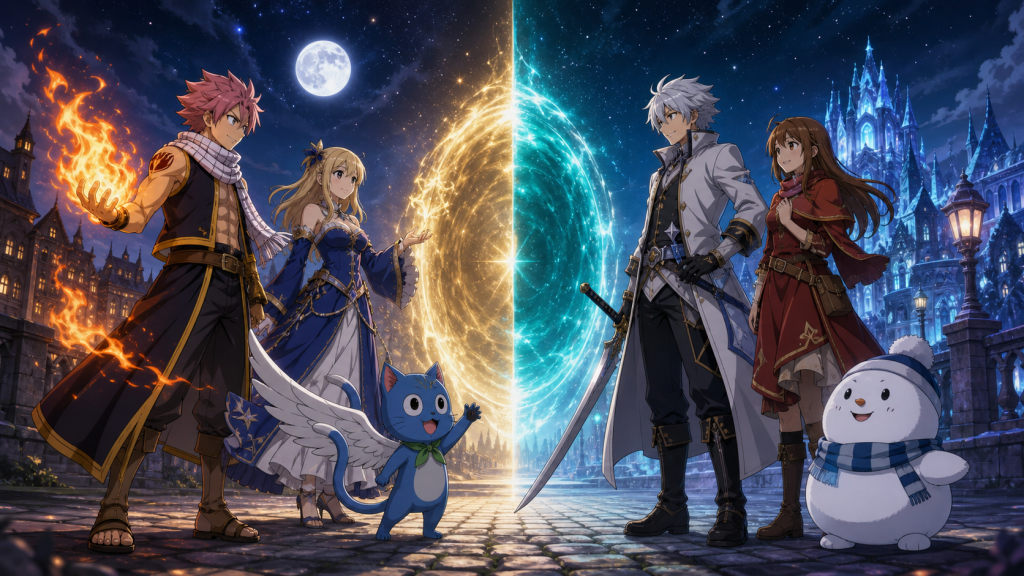 Natsu, Lucy, and Happy meet Haru, Elie, and Plue across a portal joining two magical worlds