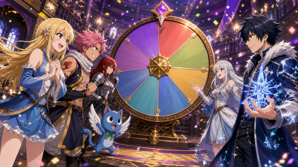 Fairy Tail members gather around a colorful magical challenge wheel inside the guild hall