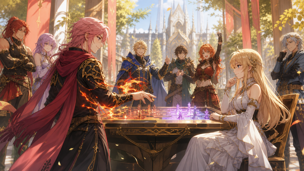 Natsu and Mavis face each other across a glowing strategy board while guild members watch
