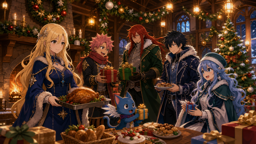 Lucy, Natsu, Erza, Gray, Wendy, and Happy exchange gifts beside a decorated guild hearth