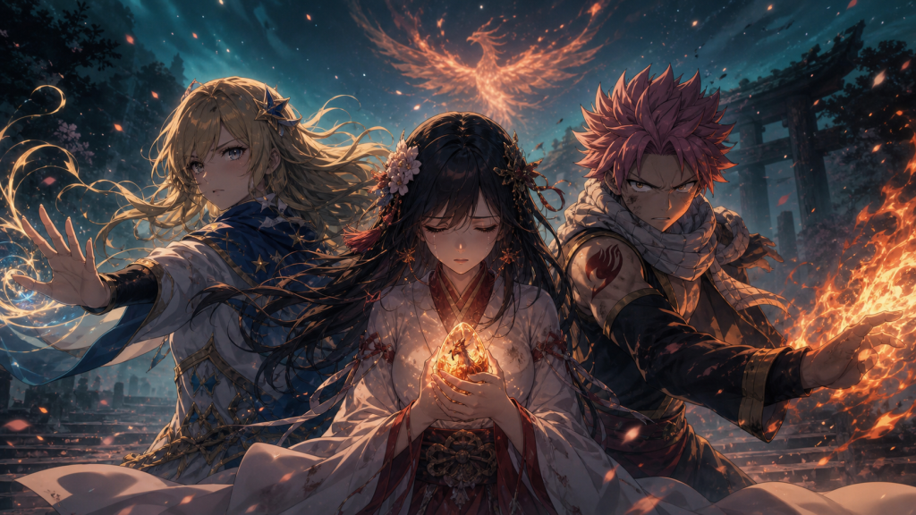 Éclair holds a phoenix stone while Lucy and Natsu protect her from ash and wind