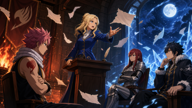 Lucy argues at a guild debate podium while Natsu, Erza, and Gray listen beneath split fire and ice light