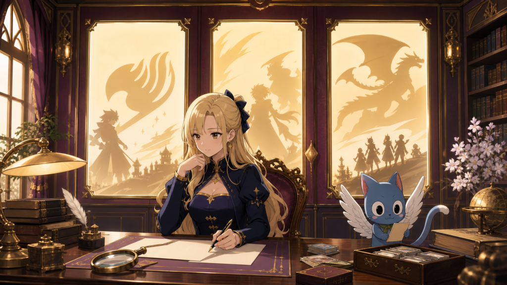 Lucy and Happy organize review notes beneath panels representing Fairy Tail series, films, and sequel coverage