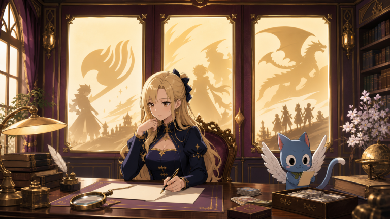 Lucy and Happy organize review notes beneath panels representing Fairy Tail series, films, and sequel coverage