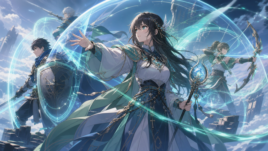 A sky healer sustains shields, healing currents, and tactical signals for allies