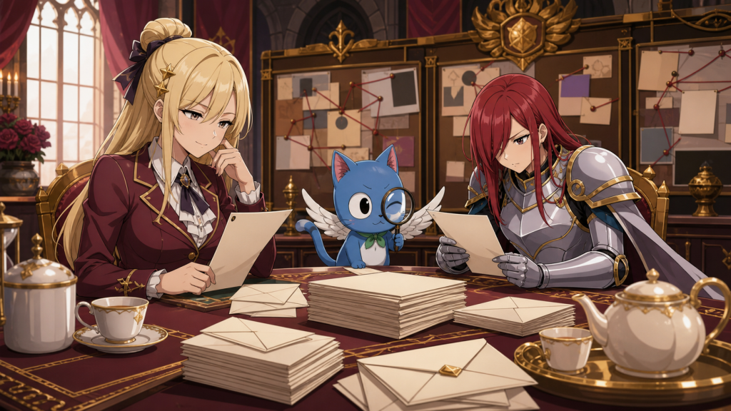 Lucy, Erza, and Happy compare blank evidence files over tea in a guild council chamber