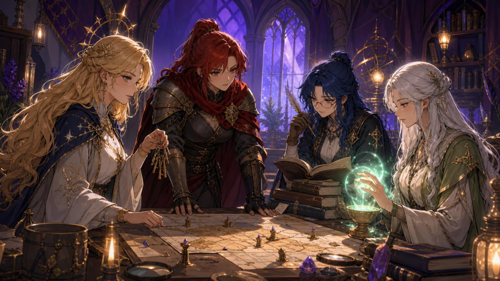 Four women coordinate strategy, research, healing, and leadership at a mission table