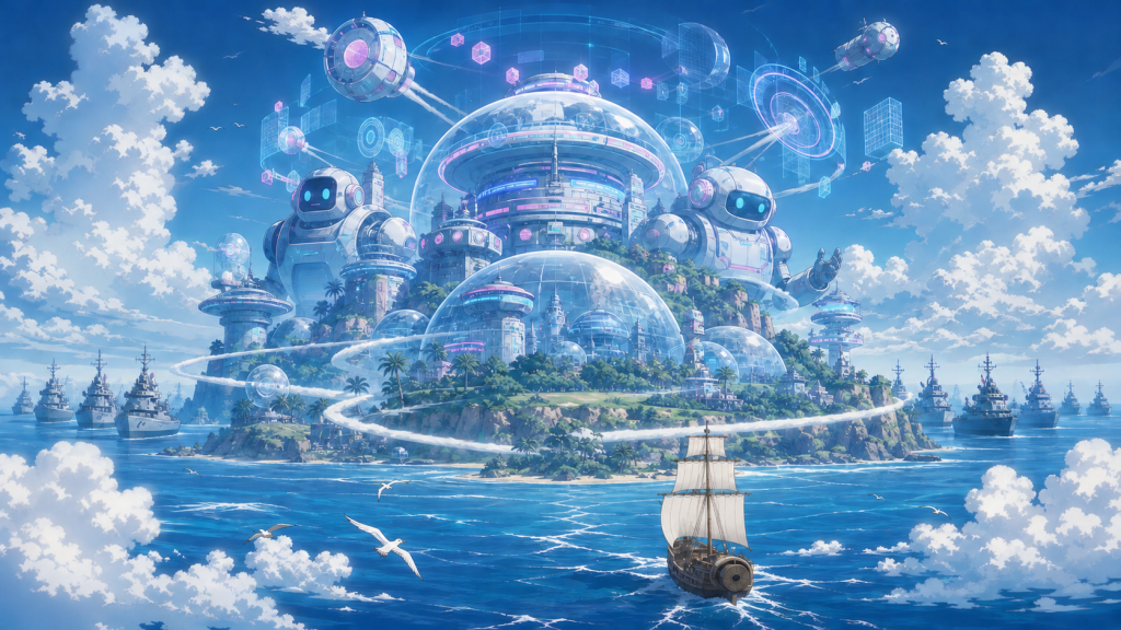 A classic sailing ship approaches a futuristic island laboratory surrounded by government fleets