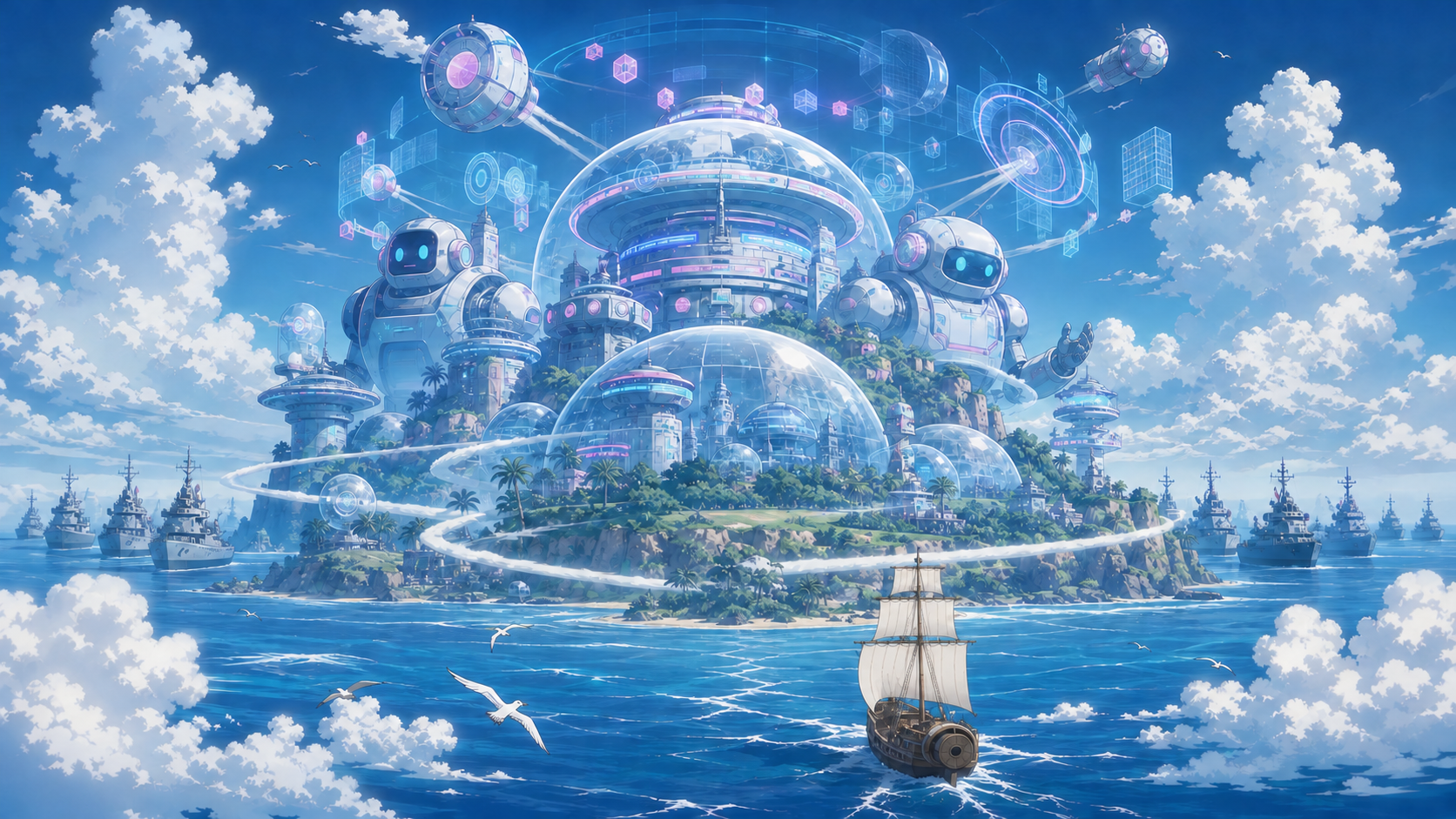 A classic sailing ship approaches a futuristic island laboratory surrounded by government fleets