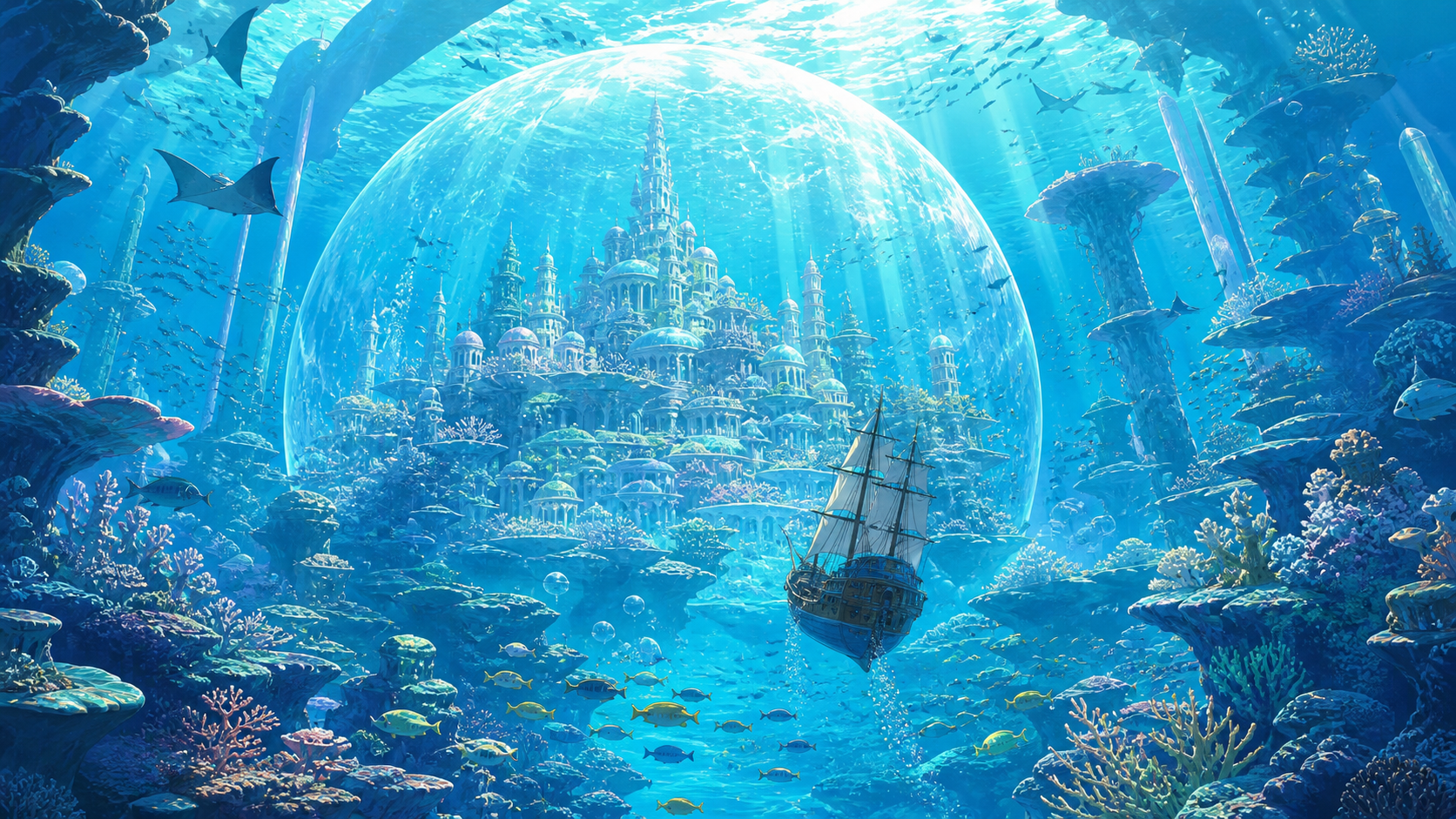 A sailing ship descends toward a luminous underwater city inside a protective bubble