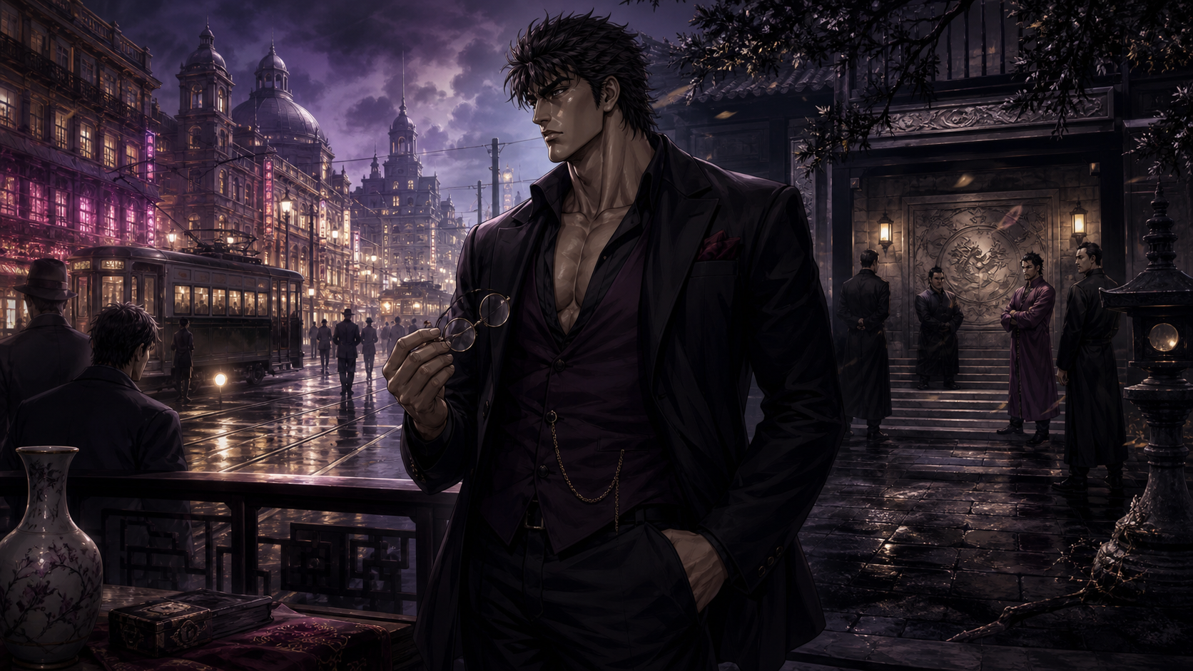 Kenshiro Kasumi stands between 1930s Shanghai and a martial arts courtyard