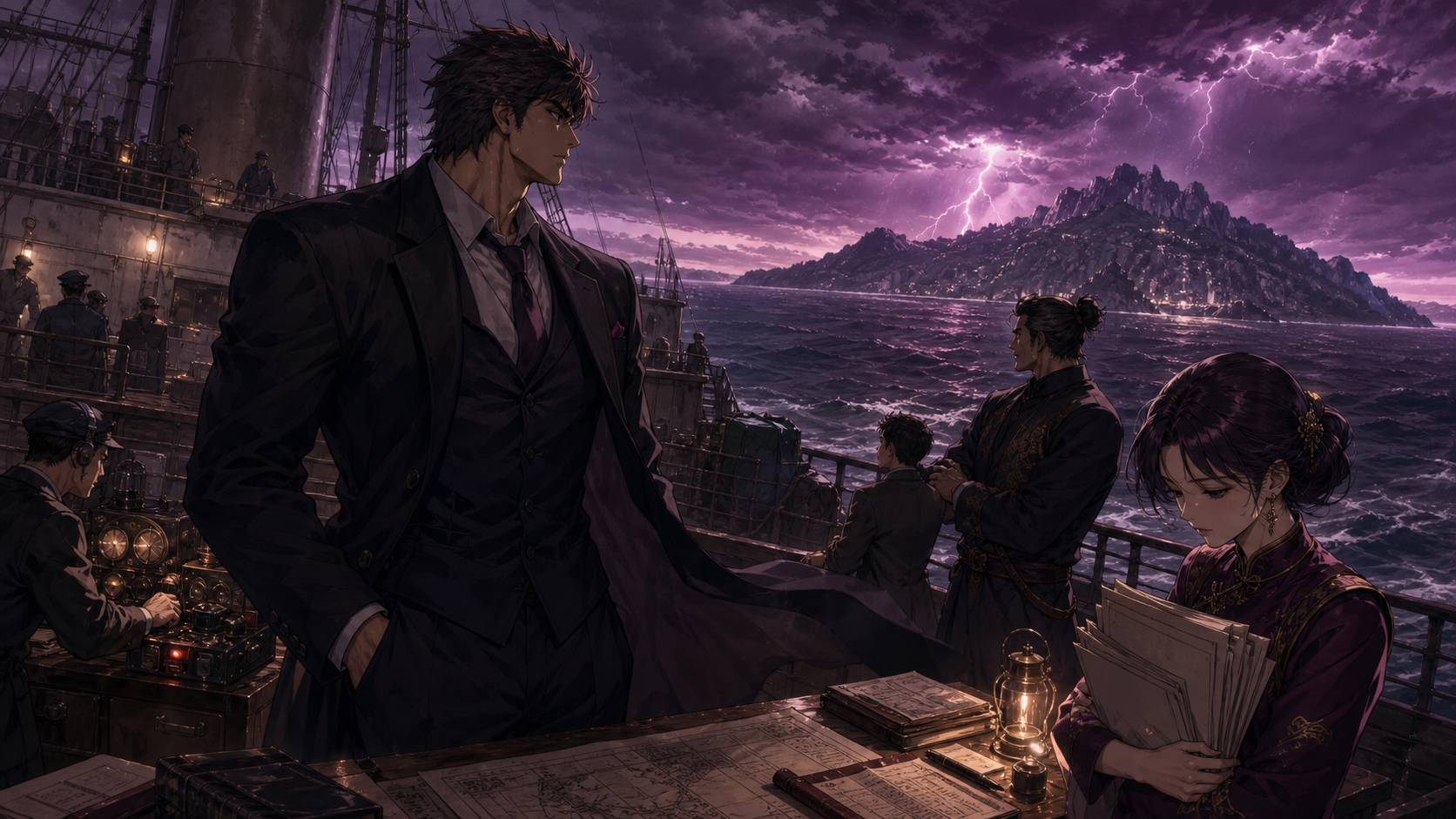 Kenshiro Kasumi and companions cross a storm-lit colonial sea