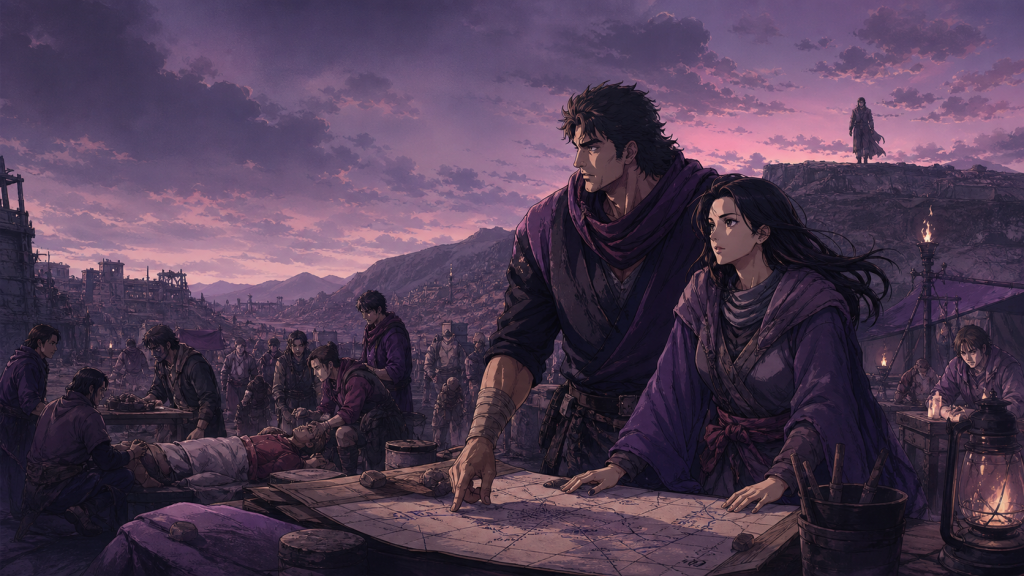 Modern Fist of the North Star 2 art showing Bat and Lin planning with civilian medics and supply organizers while Kenshiro remains distant