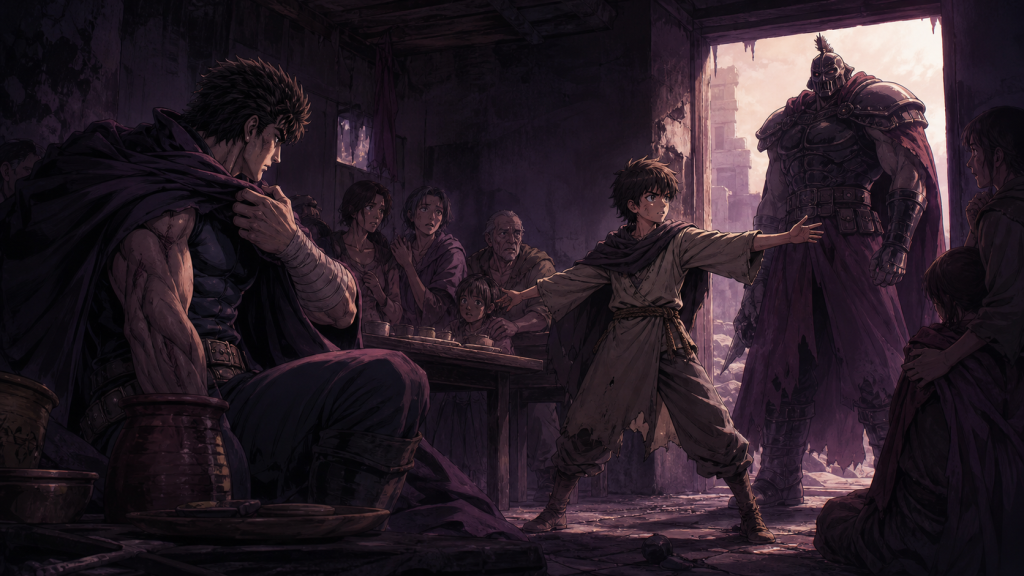 Modern Fist of the North Star 2 art showing Haru facing Gerudo in a poor tavern while the cared-for wanderer becomes Kenshiro again