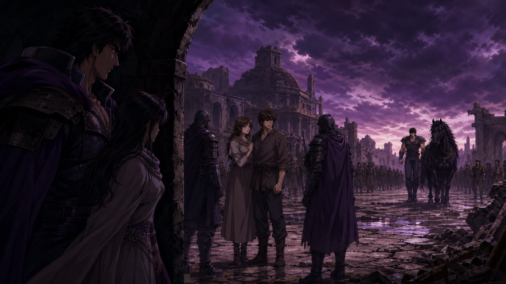 Modern Fist of the North Star 2 art centering an unharmed falsely accused couple while Bat and Lin prepare to emerge and Kenshiro arrives