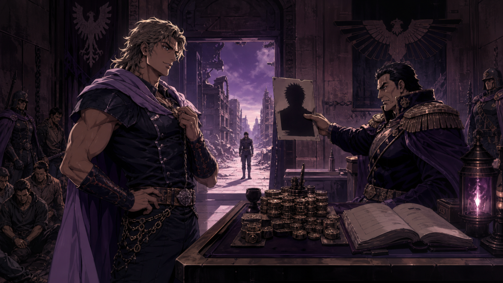 Modern Fist of the North Star 2 art showing Ein and Geira across a counter of ledgers and reward tokens while Kenshiro remains outside