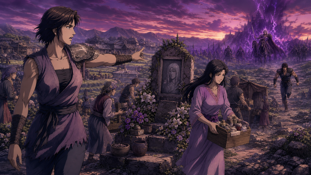 Corrected modern Fist of the North Star 2 art showing adult women Mamiya directing evacuation and Airi moving medicine beside Rei’s memorial
