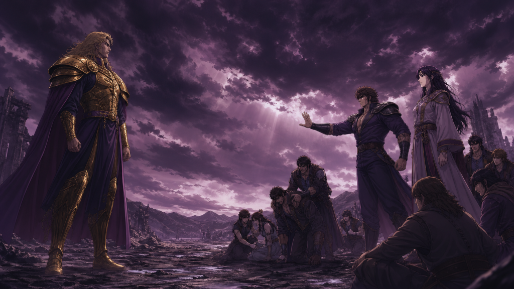 Modern Fist of the North Star 2 art showing Bat stepping forward while Lin remains upright as the leader Falco recognizes and wounded resistance members help one another