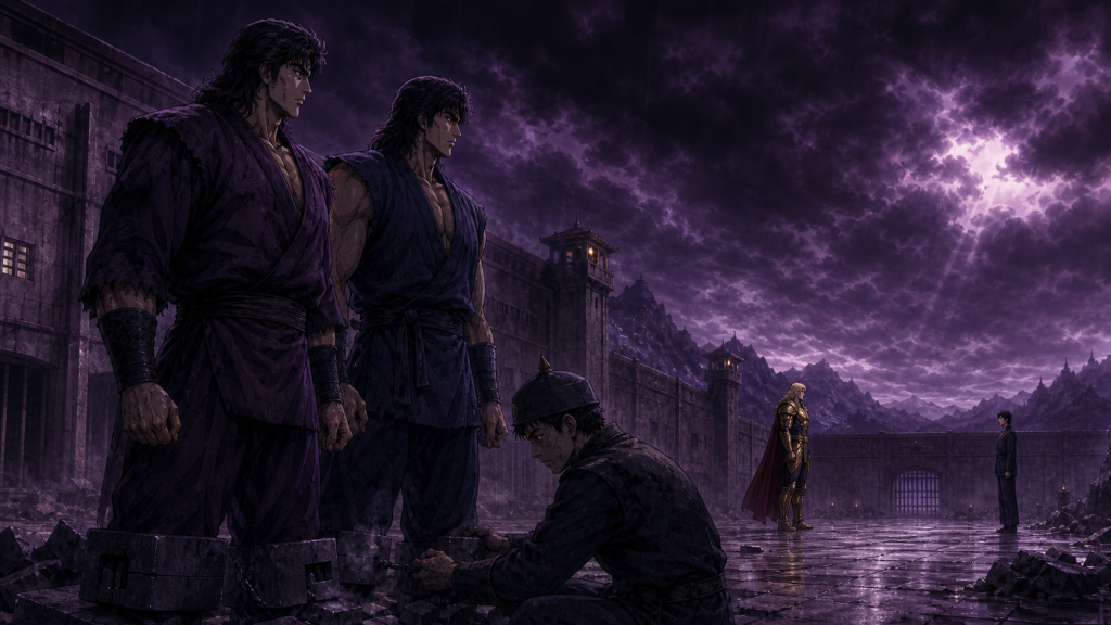 Modern Fist of the North Star 2 art showing a young guard breaking the Harn brothers’ concrete restraints while Falco and Lin remain separated